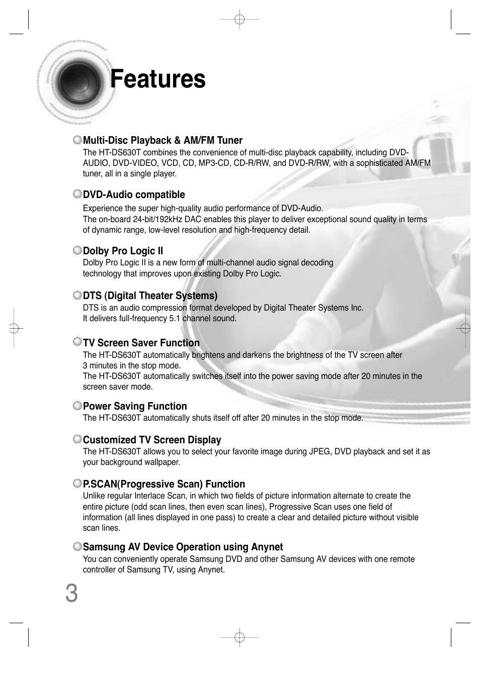 Features, Features 3 | Samsung HT-DS630T User Manual | Page 4 / 76