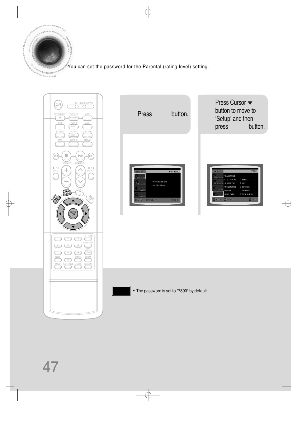 Setting the password, 47 setting the password | Samsung HT-DS630T User Manual | Page 48 / 76