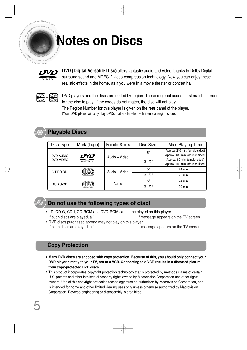 Notes on discs, Do not use the following types of disc, Playable discs | Copy protection | Samsung HT-DS630T User Manual | Page 6 / 76