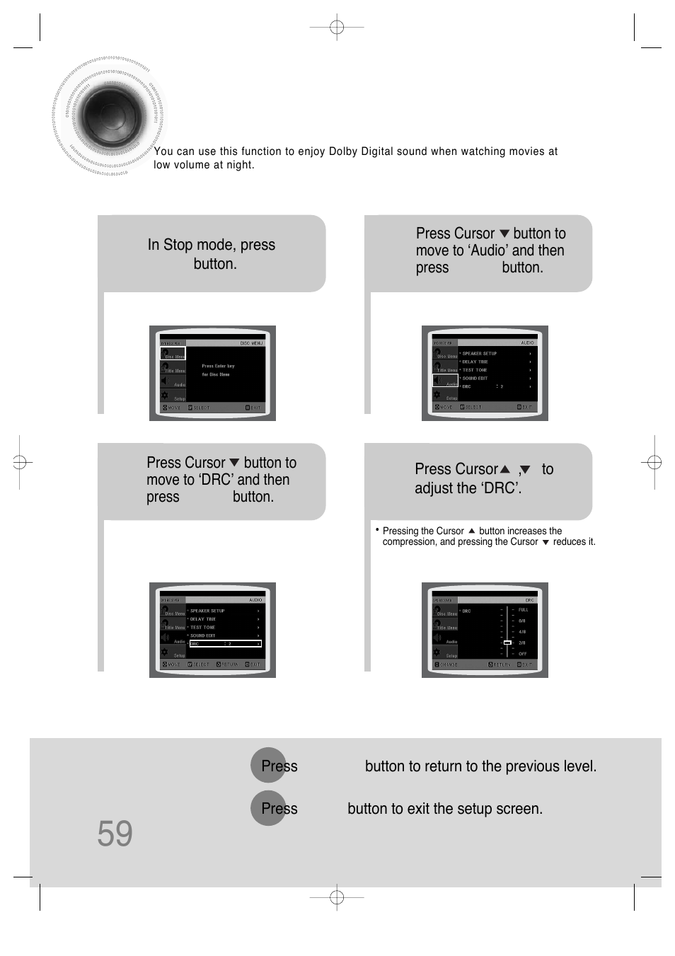 Setting the drc (dynamic range compression), 59 setting the drc, Dynamic range compression) | Samsung HT-DS630T User Manual | Page 60 / 76