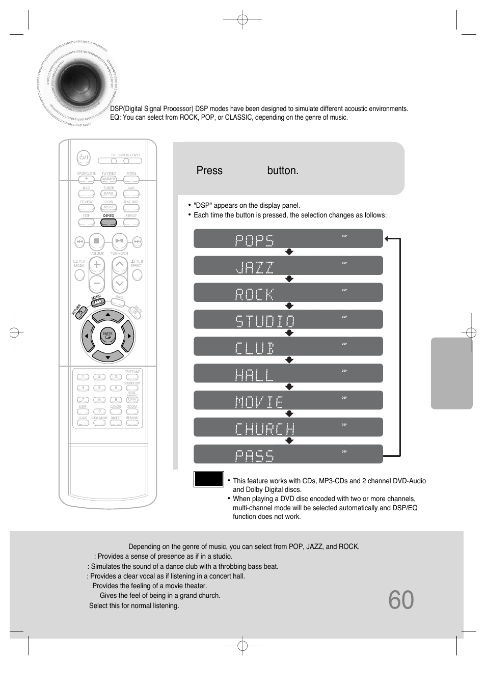 Sound field (dsp)/eq function, 60 sound field (dsp)/eq function, Press dsp/eq button | Samsung HT-DS630T User Manual | Page 61 / 76