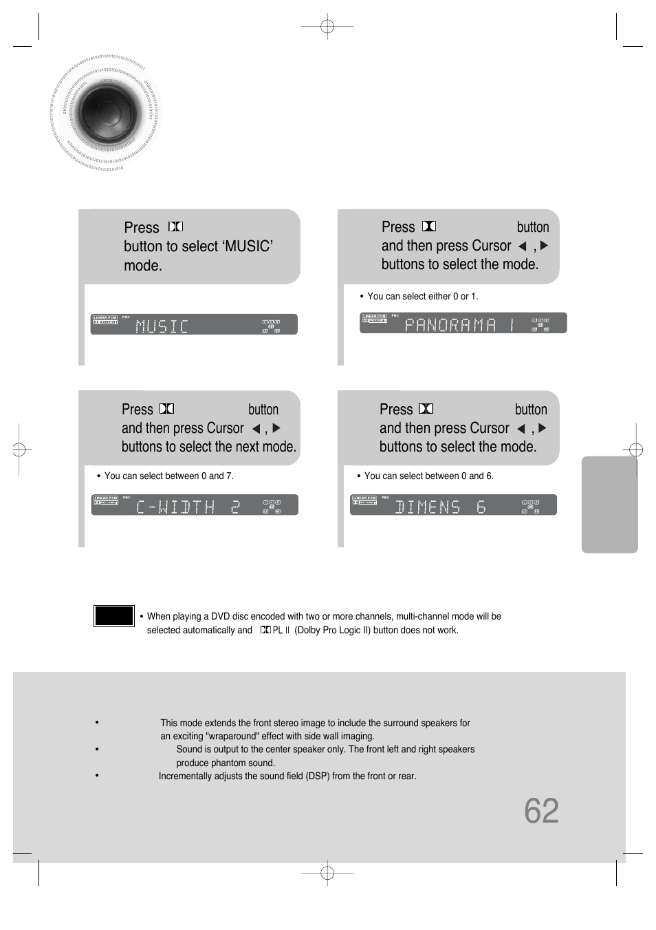 Dolby pro logic ii effect, 62 dolby pro logic ii effect | Samsung HT-DS630T User Manual | Page 63 / 76