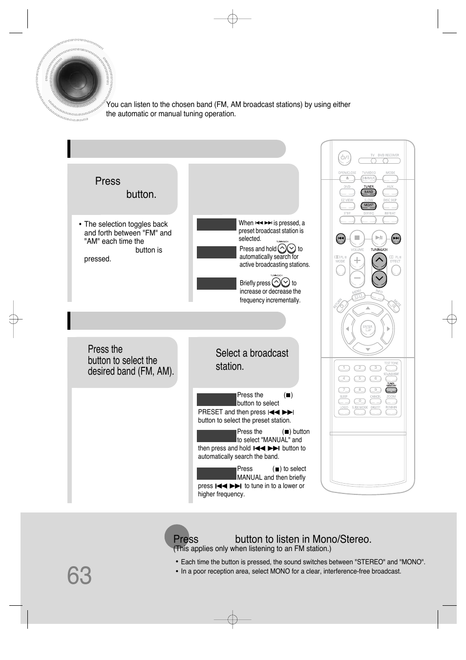 Radio operation, Listening to radio, 63 listening to radio | Samsung HT-DS630T User Manual | Page 64 / 76