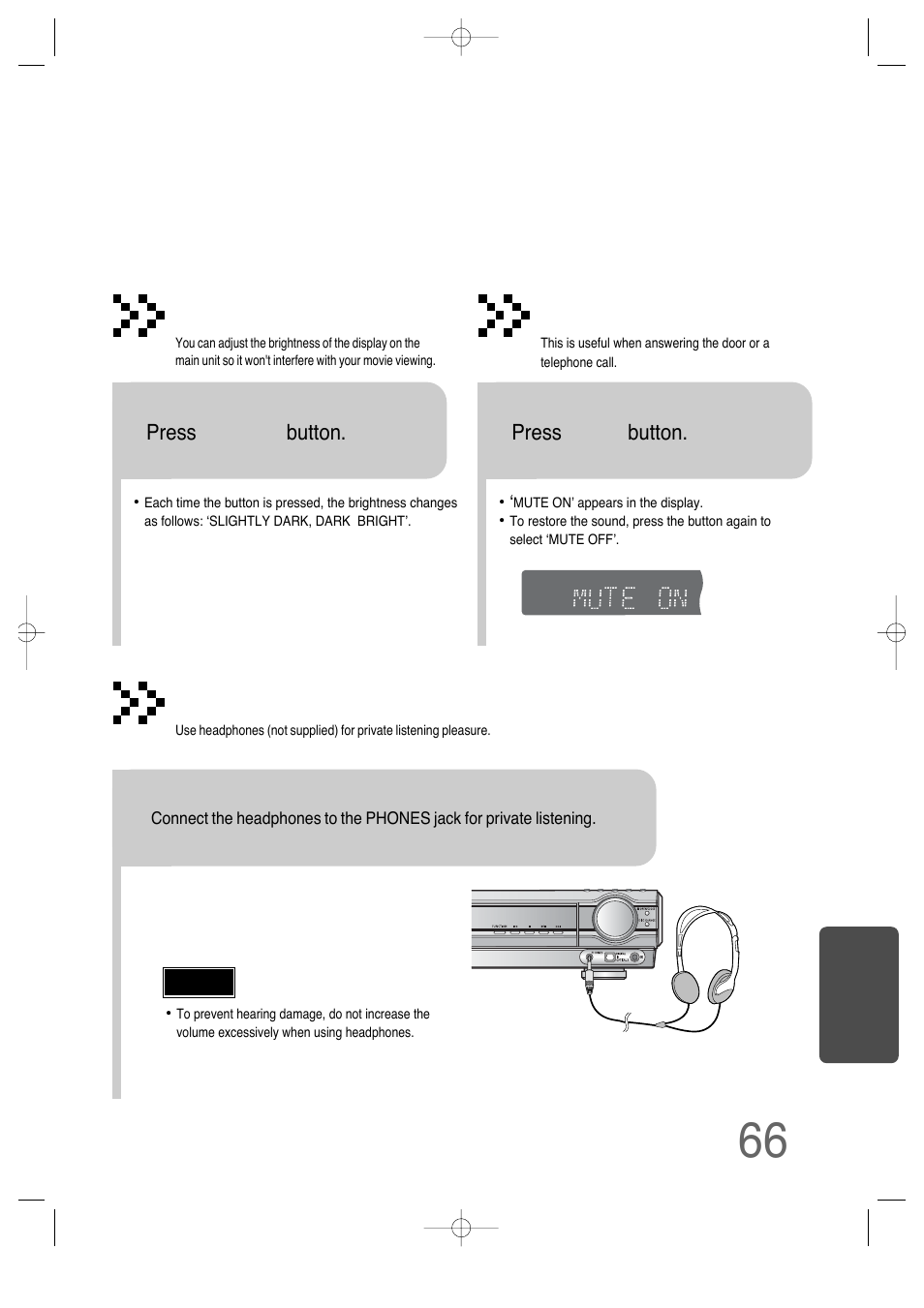 Adjusting display brightness, Using headphones, Mute function | Press dimmer button, Press mute button | Samsung HT-DS630T User Manual | Page 67 / 76