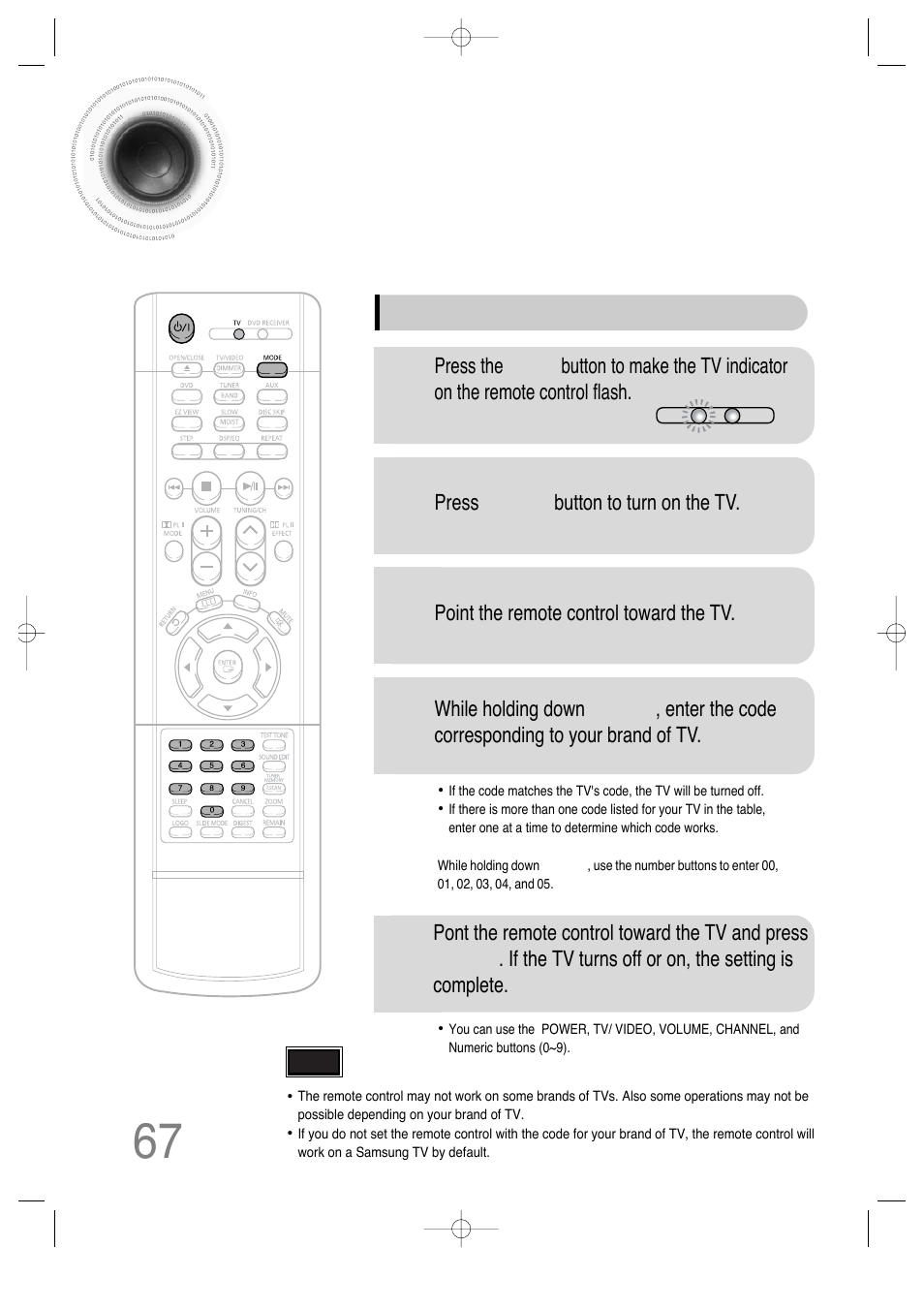 Operating a tv with the remote control, 67 operating a tv with the remote control | Samsung HT-DS630T User Manual | Page 68 / 76