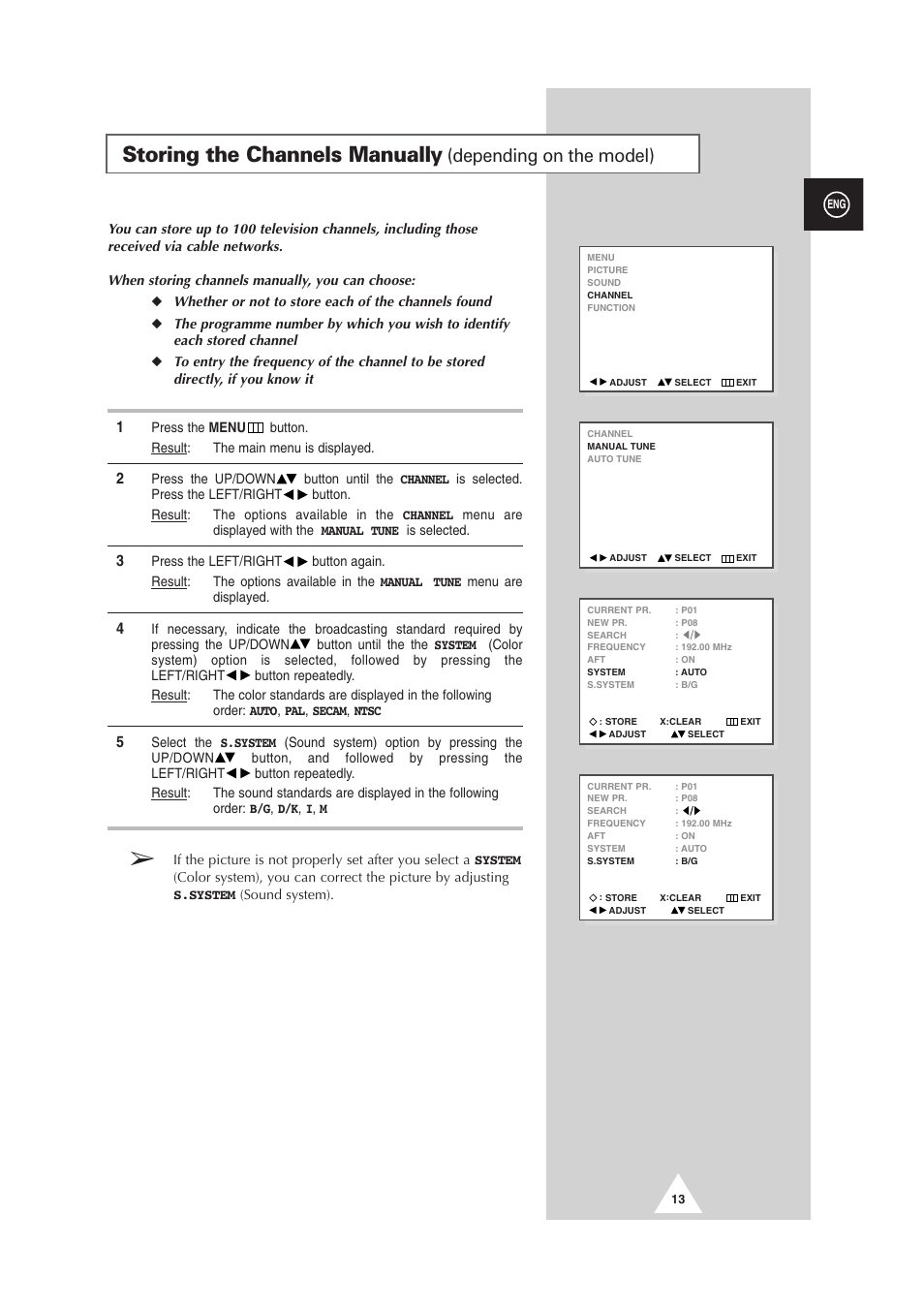 Storing the channels manually, Depending on the model) | Samsung DS-21G5 User Manual | Page 13 / 48