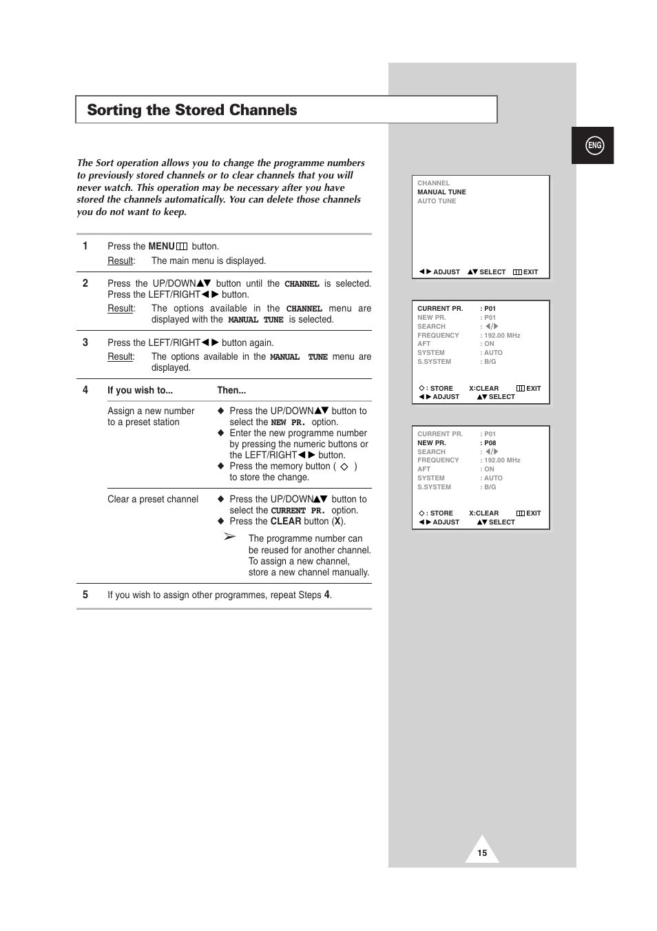 Sorting the stored channels | Samsung DS-21G5 User Manual | Page 15 / 48
