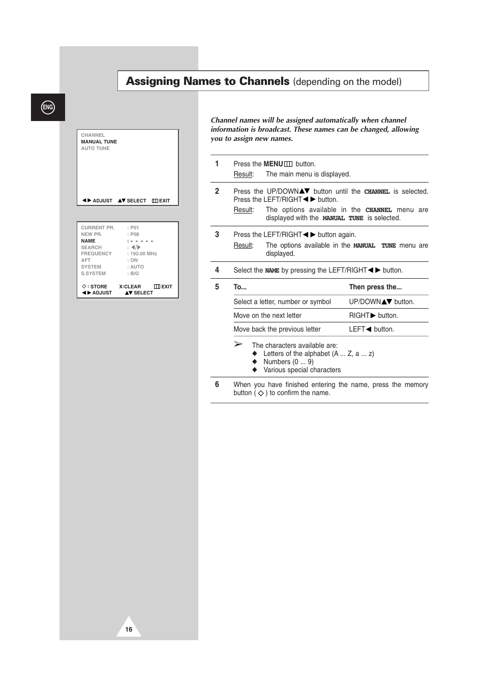 Assigning names to channels, Depending on the model) | Samsung DS-21G5 User Manual | Page 16 / 48