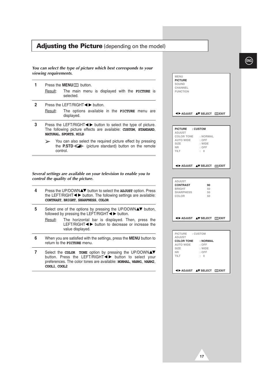 Adjusting the picture, Depending on the model) | Samsung DS-21G5 User Manual | Page 17 / 48