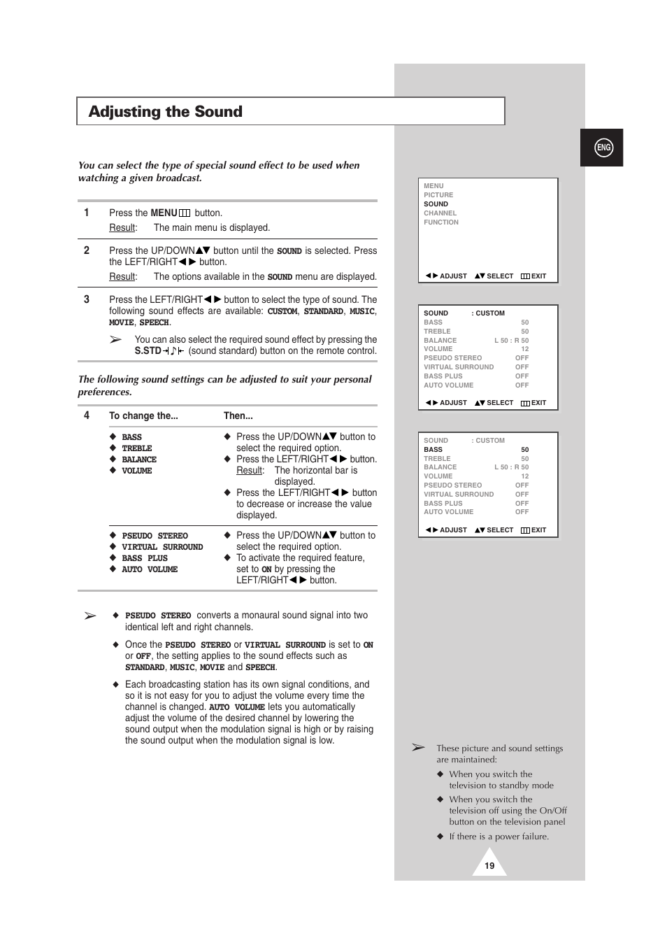 Adjusting the sound | Samsung DS-21G5 User Manual | Page 19 / 48