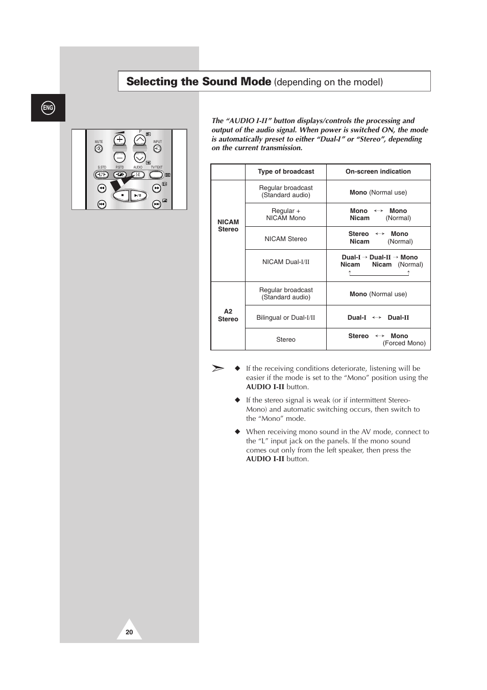 Selecting the sound mode, Depending on the model) | Samsung DS-21G5 User Manual | Page 20 / 48