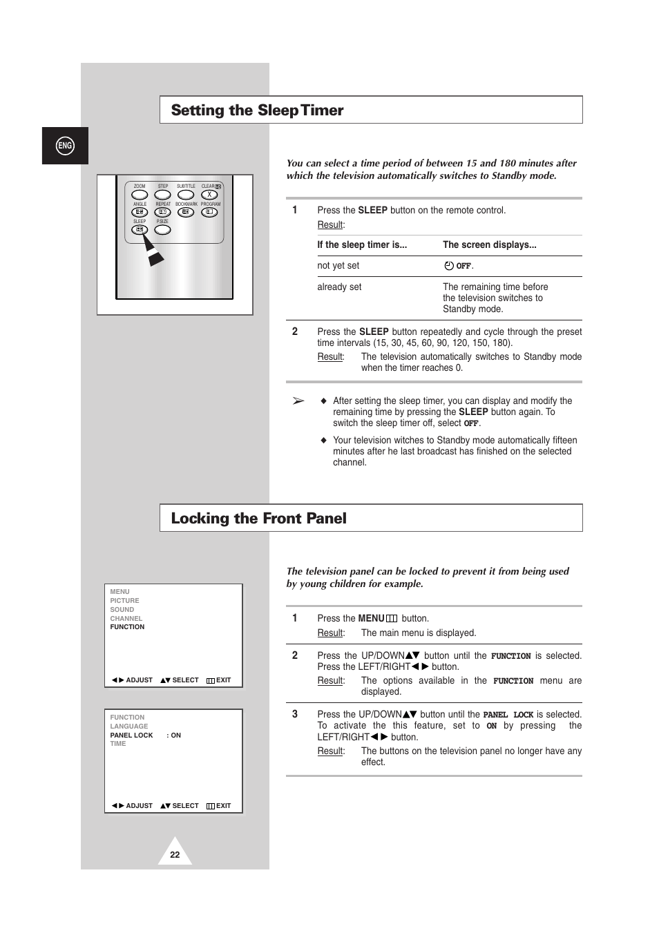 Locking the front panel, Setting the sleep timer | Samsung DS-21G5 User Manual | Page 22 / 48