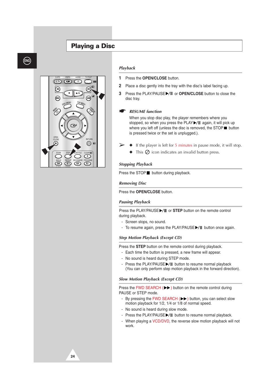 Playing a disc | Samsung DS-21G5 User Manual | Page 24 / 48
