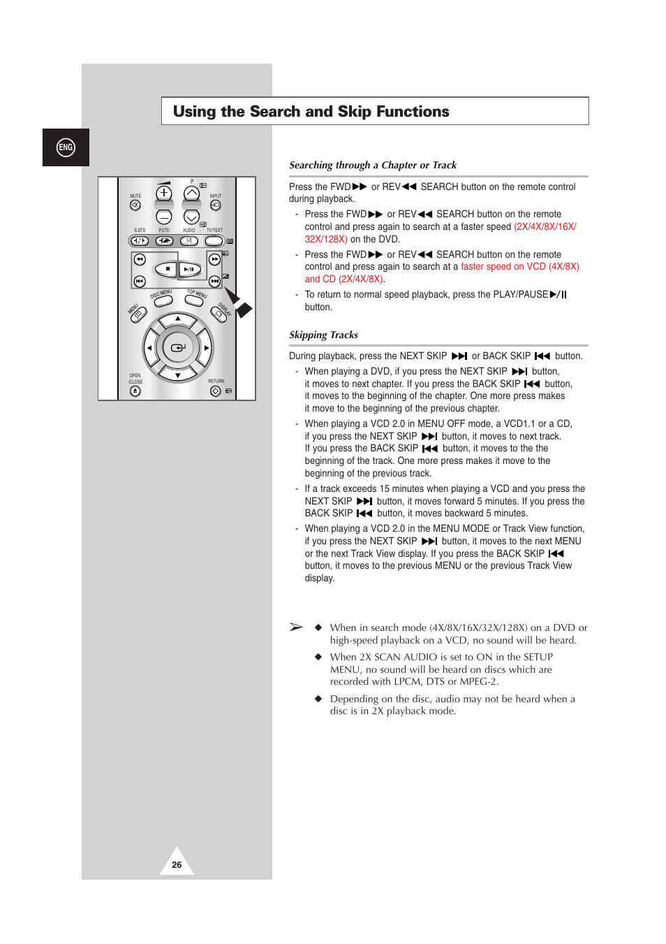 Using the search and skip functions | Samsung DS-21G5 User Manual | Page 26 / 48
