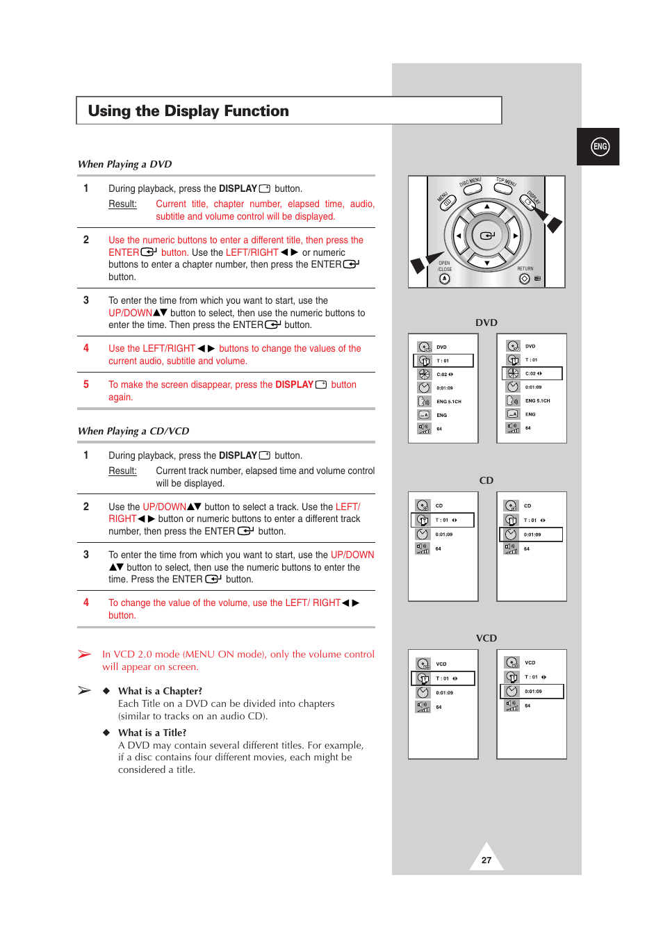 Using the display function | Samsung DS-21G5 User Manual | Page 27 / 48