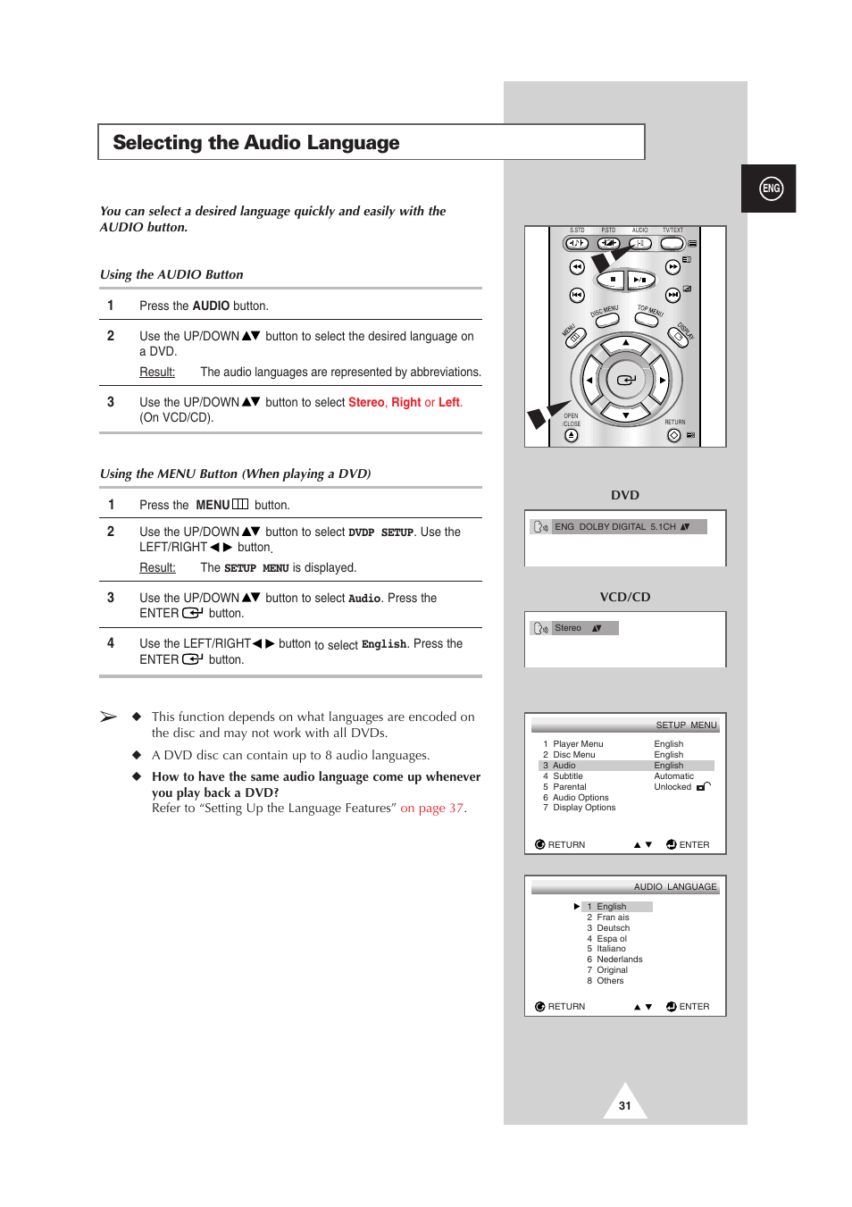 Selecting the audio language | Samsung DS-21G5 User Manual | Page 31 / 48