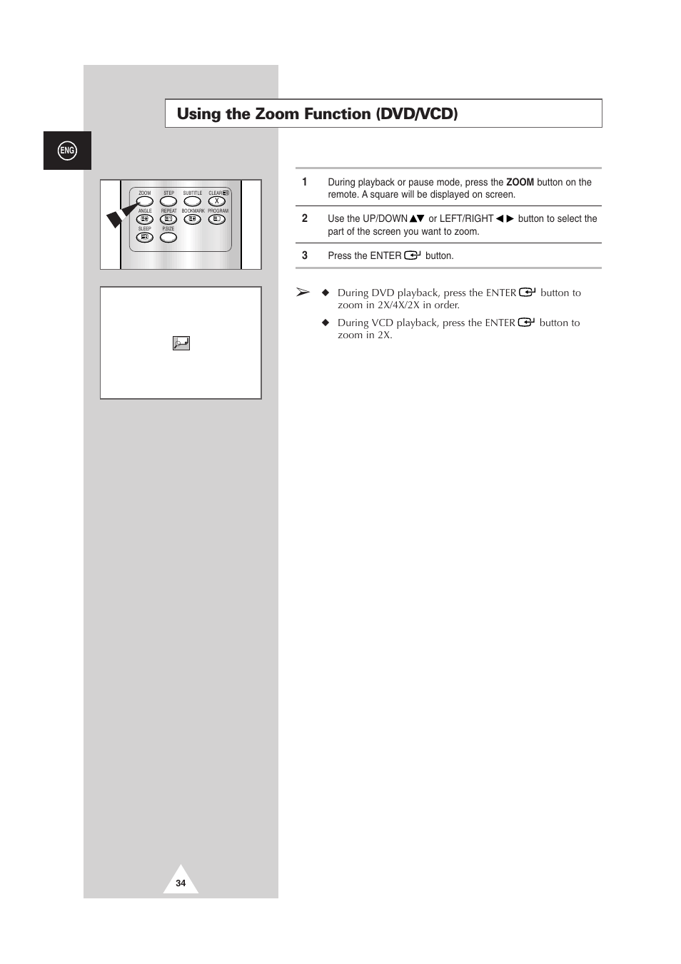 Using the zoom function (dvd/vcd) | Samsung DS-21G5 User Manual | Page 34 / 48