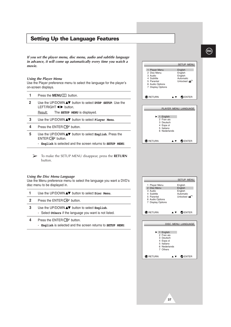 Setting up the language features | Samsung DS-21G5 User Manual | Page 37 / 48