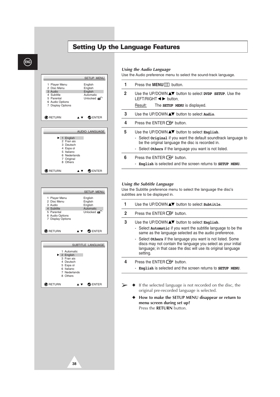 Setting up the language features | Samsung DS-21G5 User Manual | Page 38 / 48