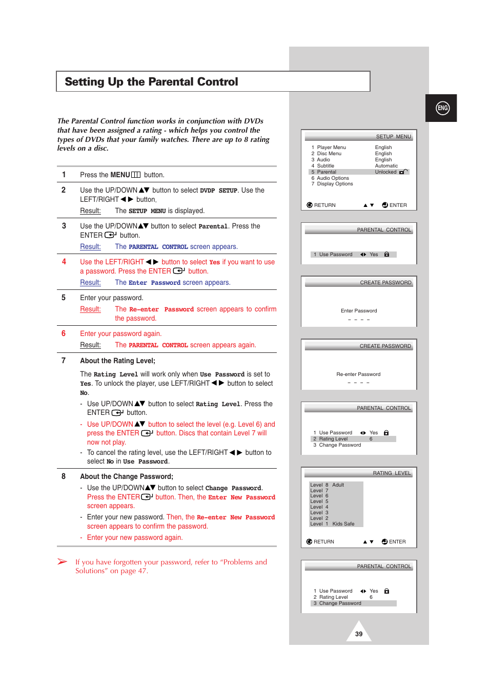 Setting up the parental control | Samsung DS-21G5 User Manual | Page 39 / 48