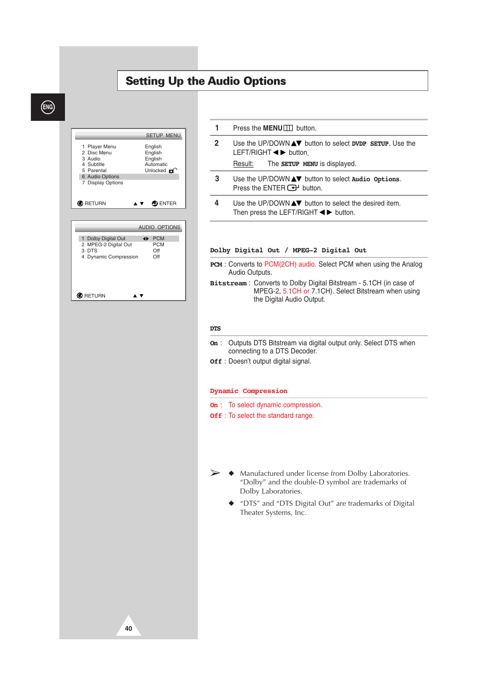 Setting up the audio options | Samsung DS-21G5 User Manual | Page 40 / 48