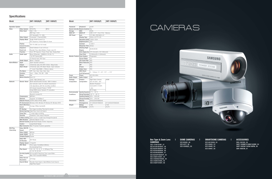 Cameras, Specifications, Box type & zoom lens | cameras | Dome cameras, Smartdome cameras, Accessories | Samsung SMT-190DP User Manual | Page 2 / 2