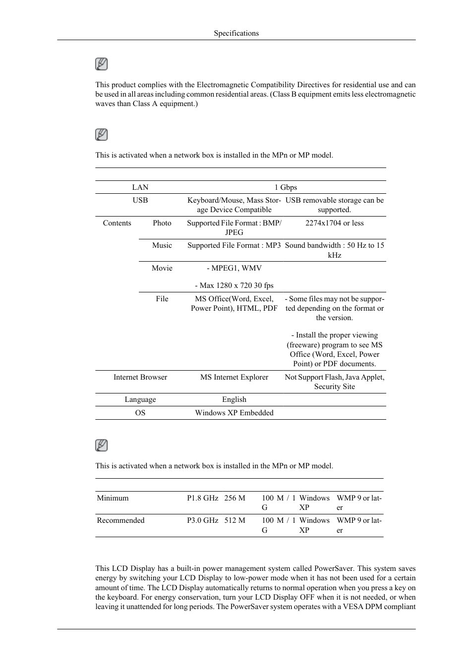 Magicinfo - client, Magicinfo pro - server requirement, Powersaver | Samsung 400MPN User Manual | Page 118 / 130