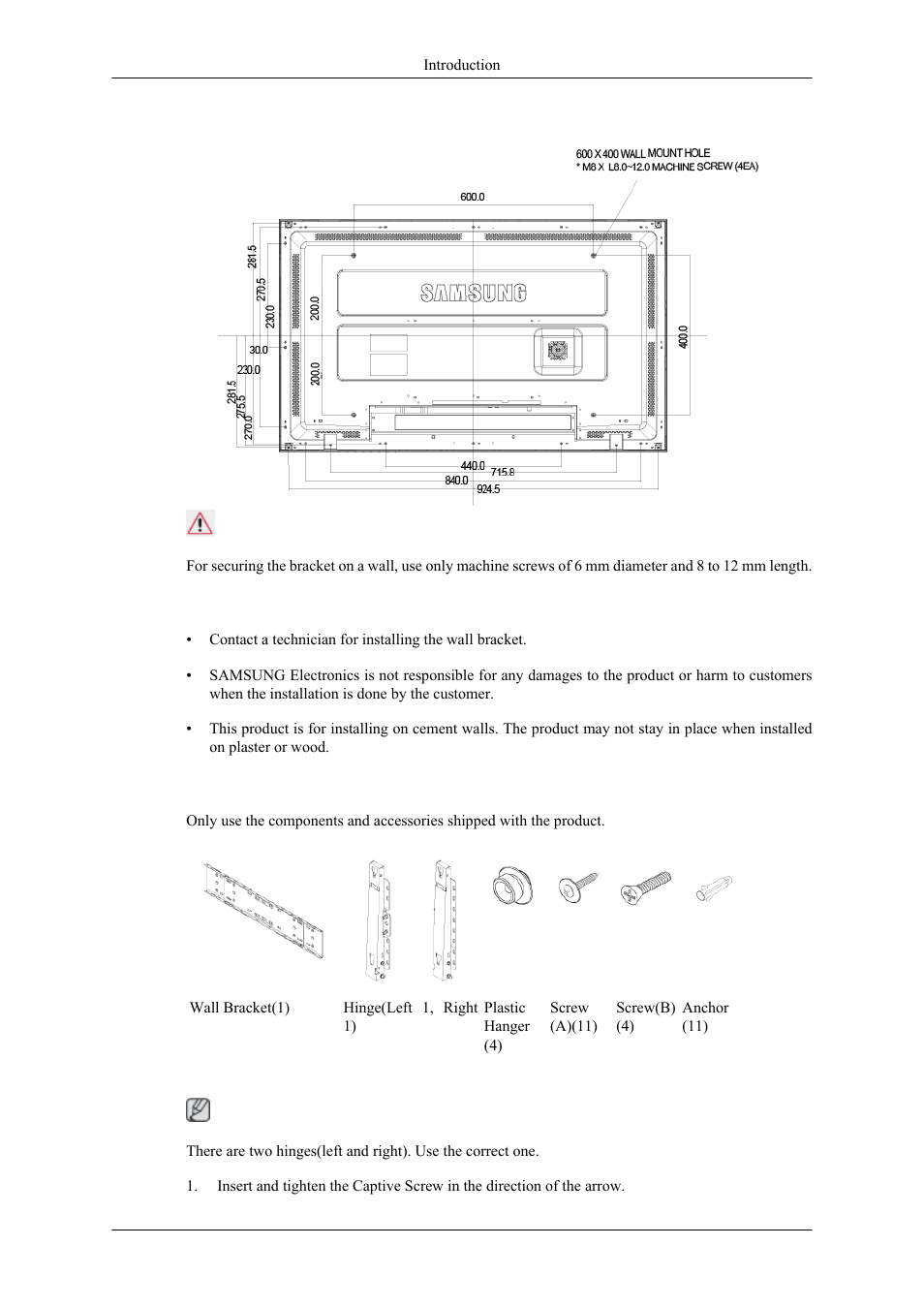 Dimensions, Wall bracket installation, Components | Wall bracket assembly | Samsung 400MPN User Manual | Page 27 / 130