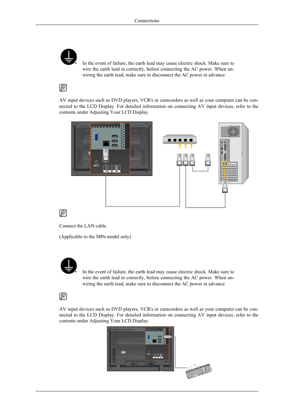 Connecting a lan cable, Connecting a usb device | Samsung 400MPN User Manual | Page 37 / 130