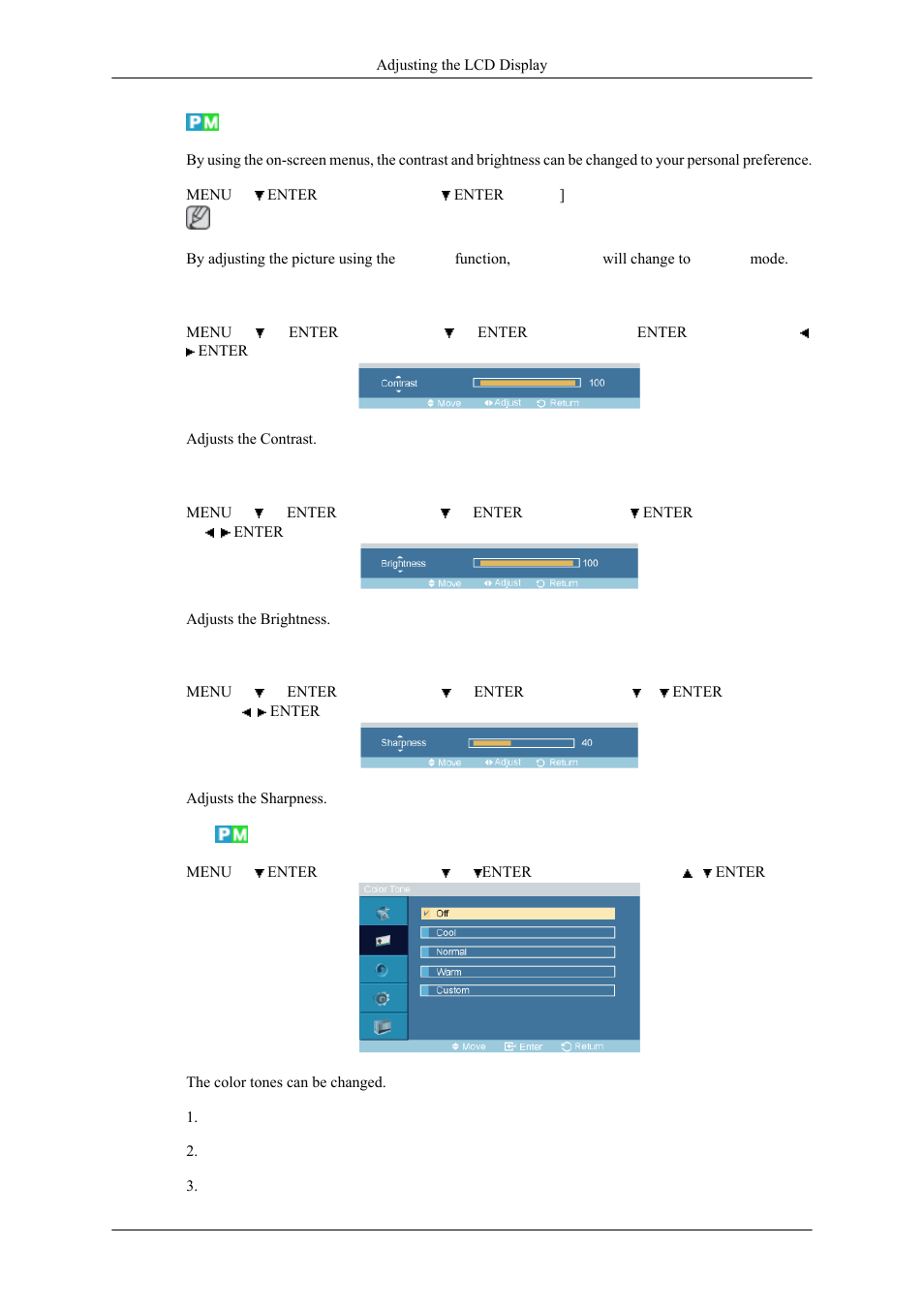 Custom, Contrast, Brightness | Sharpness, Color tone | Samsung 400MPN User Manual | Page 73 / 130