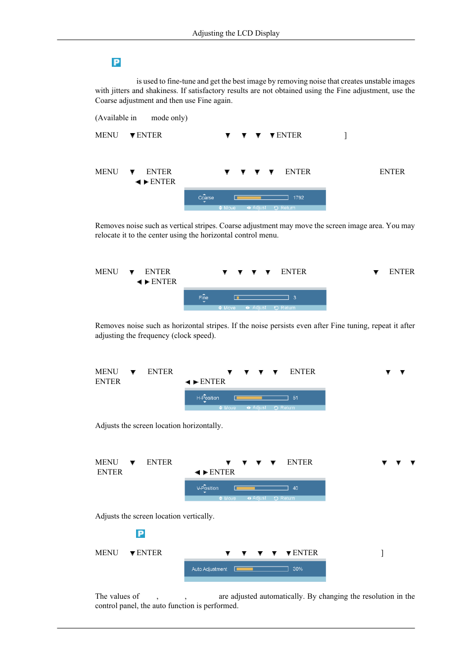 Image lock, Coarse, Fine | H-position, V-position, Auto adjustment | Samsung 400MPN User Manual | Page 75 / 130