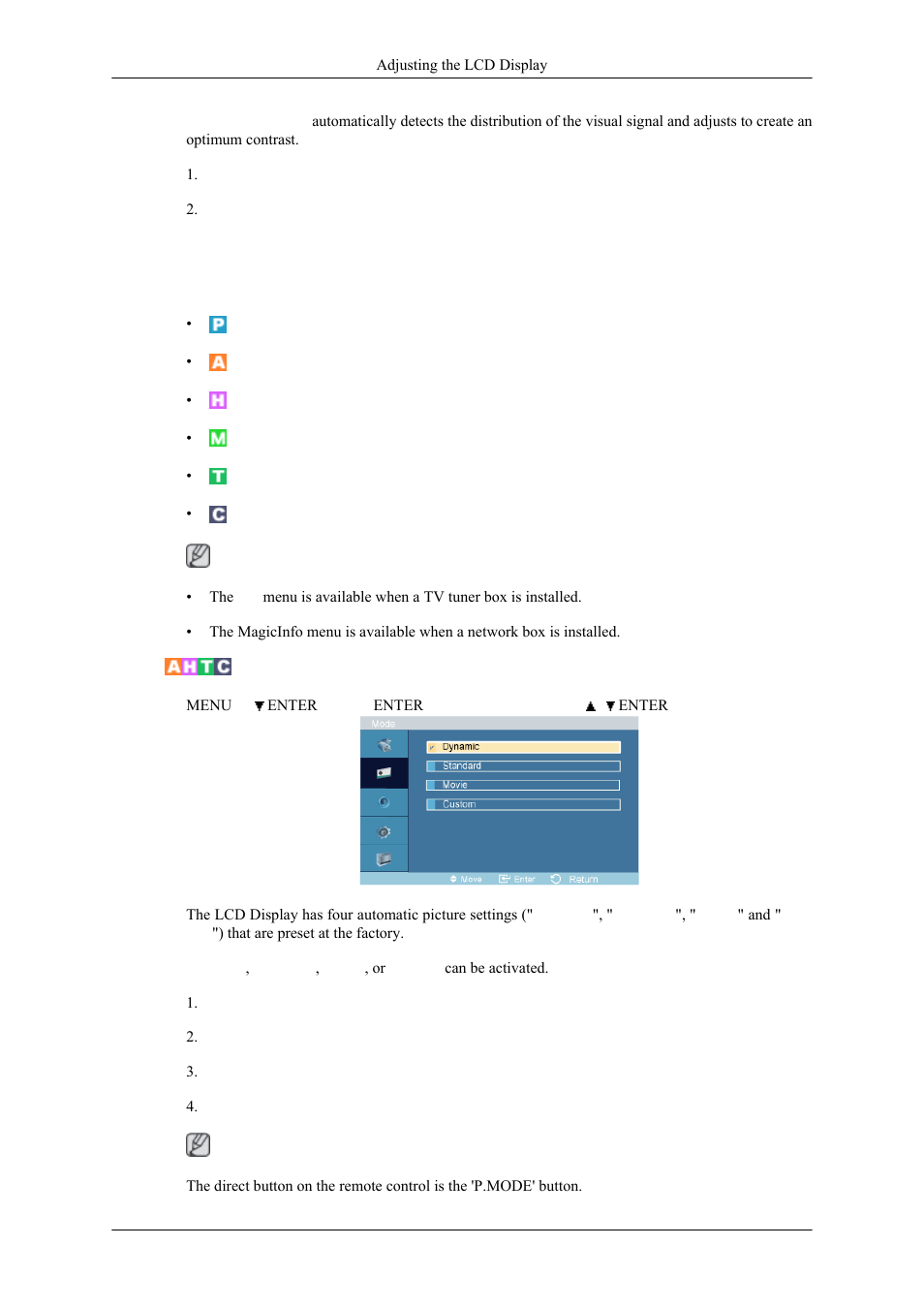 Picture [ av / hdmi / tv / component mode, Mode | Samsung 400MPN User Manual | Page 78 / 130
