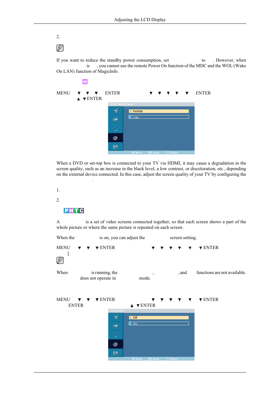 Hdmi black level, Video wall | Samsung 400MPN User Manual | Page 88 / 130