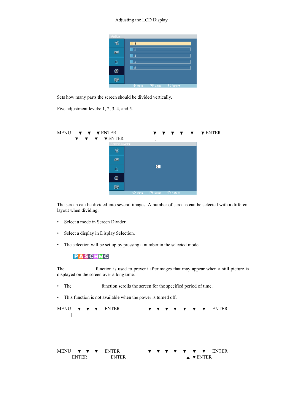 Screen divider, Safety screen, Pixel shift | Samsung 400MPN User Manual | Page 90 / 130