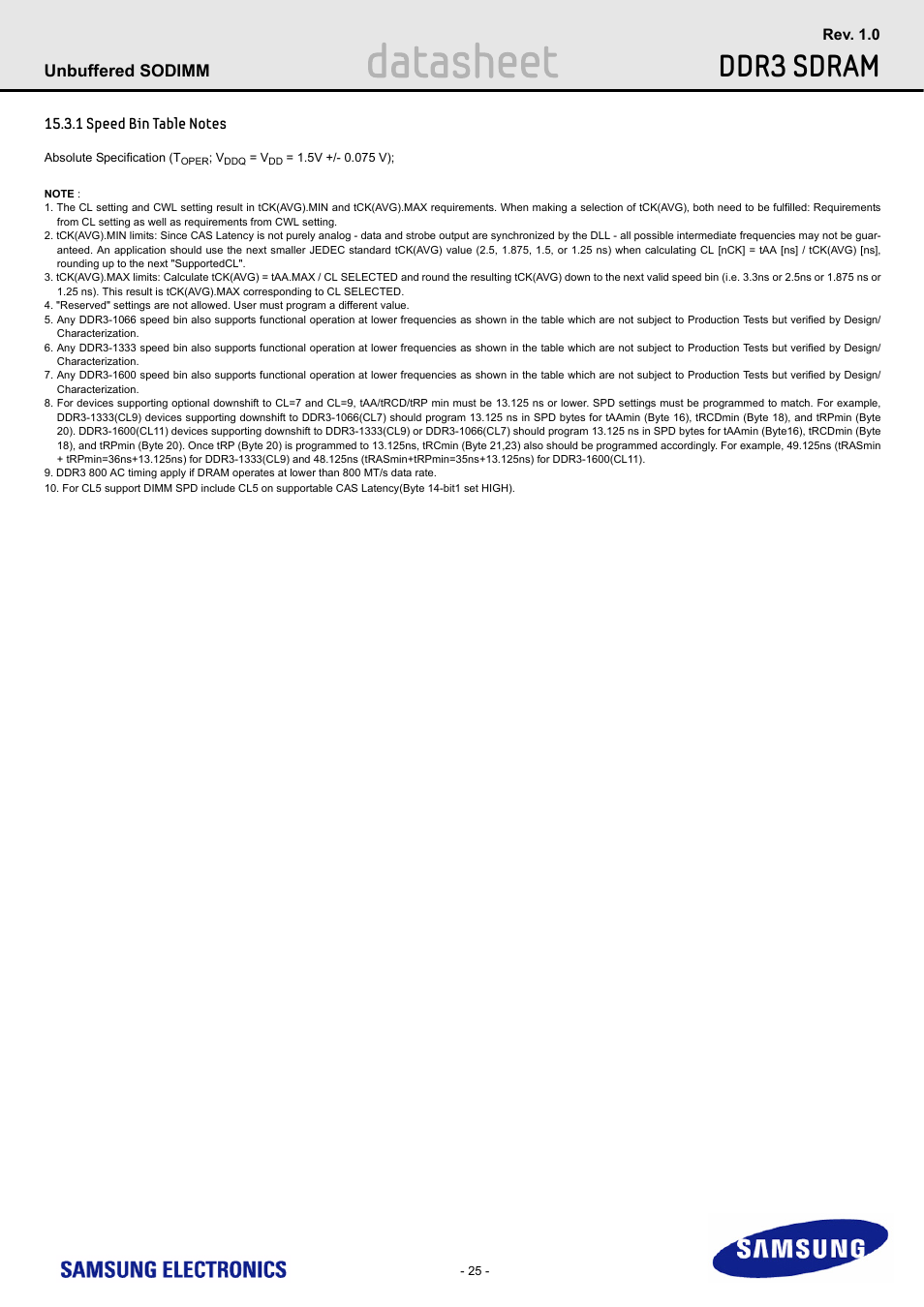 1 speed bin table notes, Speed bin table notes, Datasheet | Ddr3 sdram | Samsung M471B1G73AH0 User Manual | Page 25 / 31