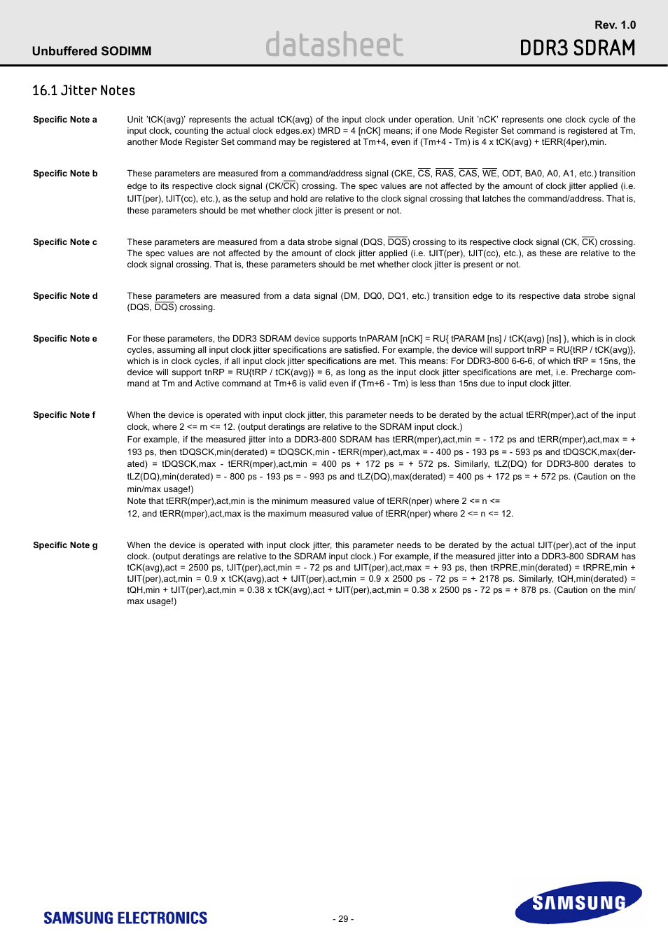 1 jitter notes, Datasheet, Ddr3 sdram | Samsung M471B1G73AH0 User Manual | Page 29 / 31