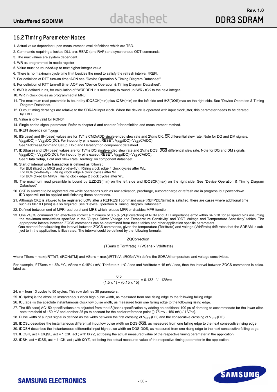 2 timing parameter notes, Datasheet, Ddr3 sdram | Unbuffered sodimm | Samsung M471B1G73AH0 User Manual | Page 30 / 31