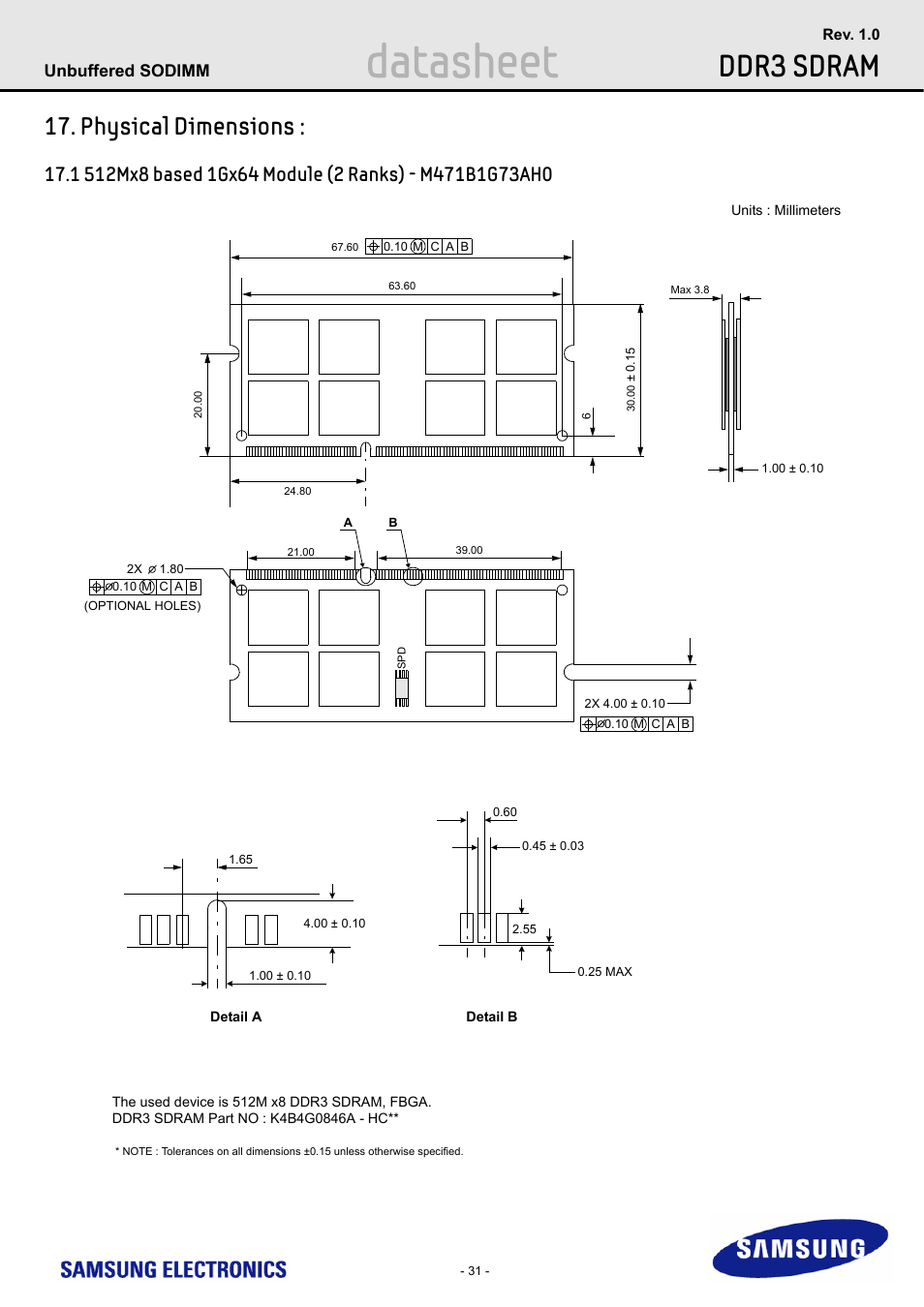 Physical dimensions, Datasheet, Ddr3 sdram | Samsung M471B1G73AH0 User Manual | Page 31 / 31