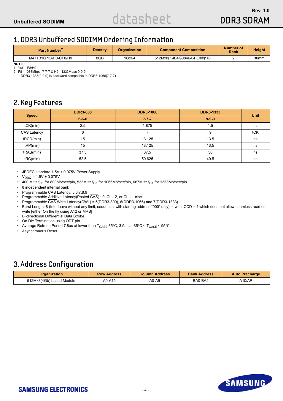 Ddr3 unbuffered sodimm ordering information, Key features, Address configuration | Datasheet, Ddr3 sdram, Unbuffered sodimm | Samsung M471B1G73AH0 User Manual | Page 4 / 31