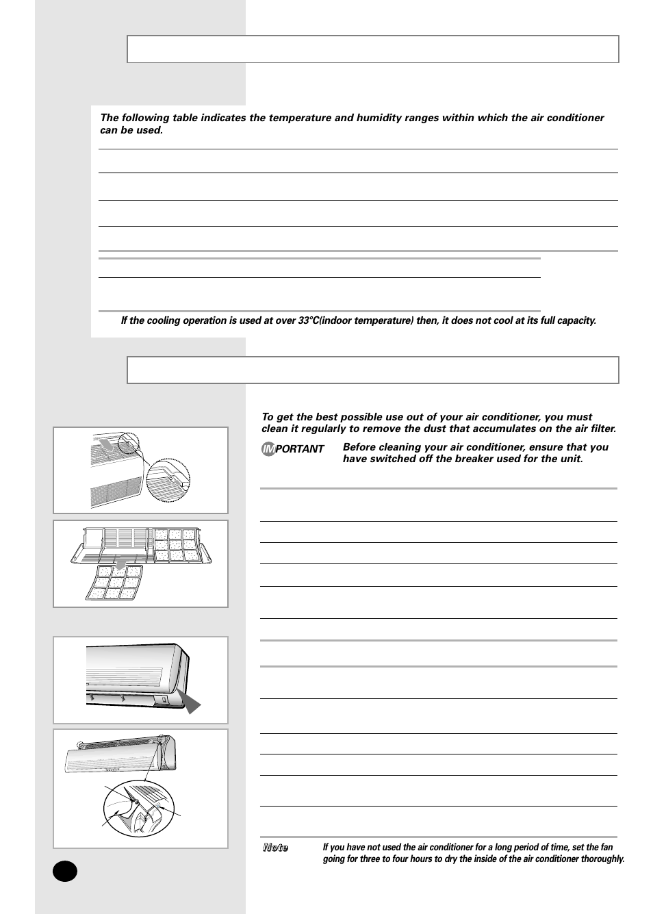 Temperature and humidity ranges, Cleaning your air conditioner | Samsung AMF09C2E User Manual | Page 20 / 24