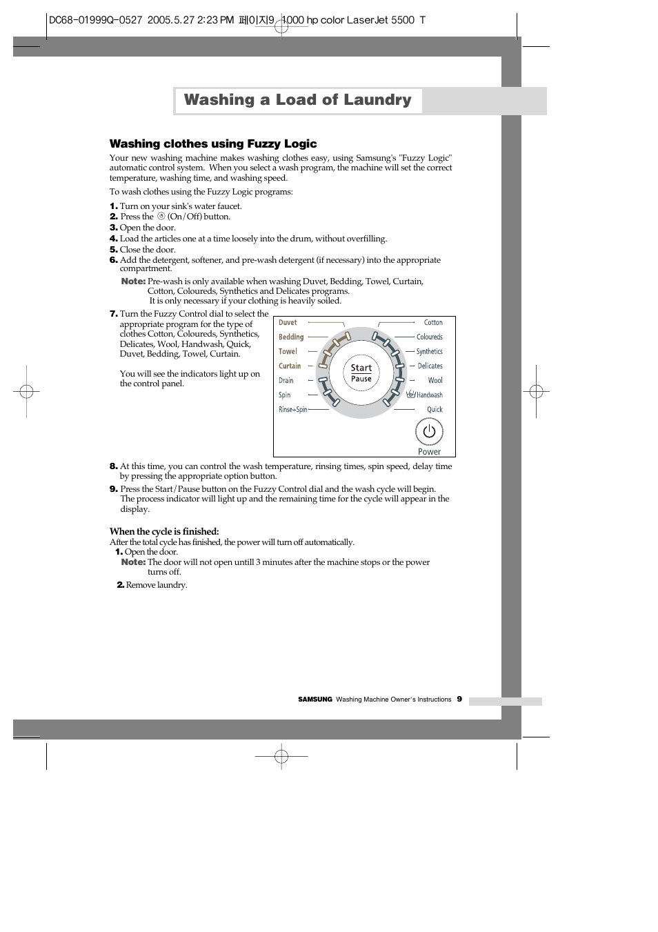 Washing clothes using fuzzy logic, Washing a load of laundry | Samsung J1460A(V/S) User Manual | Page 11 / 22