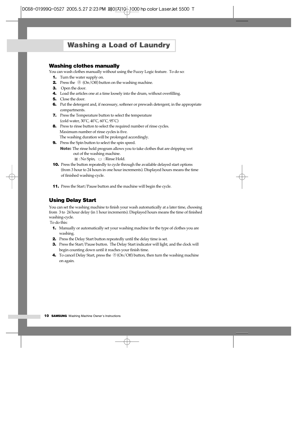Washing clothes manually, Washing a load of laundry, Using delay start | Samsung J1460A(V/S) User Manual | Page 12 / 22