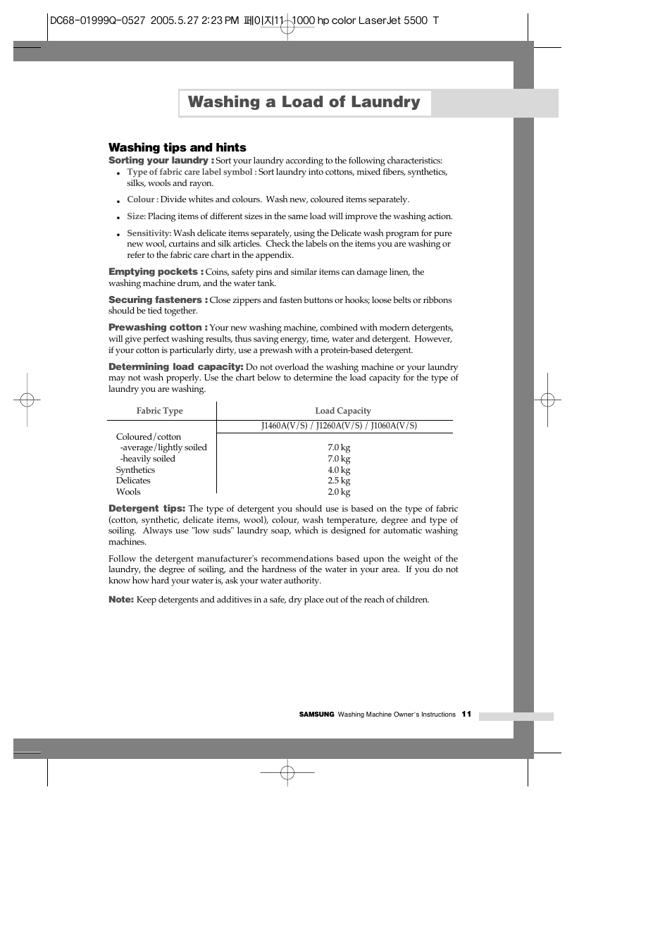 Washing tips and hints, Washing a load of laundry | Samsung J1460A(V/S) User Manual | Page 13 / 22