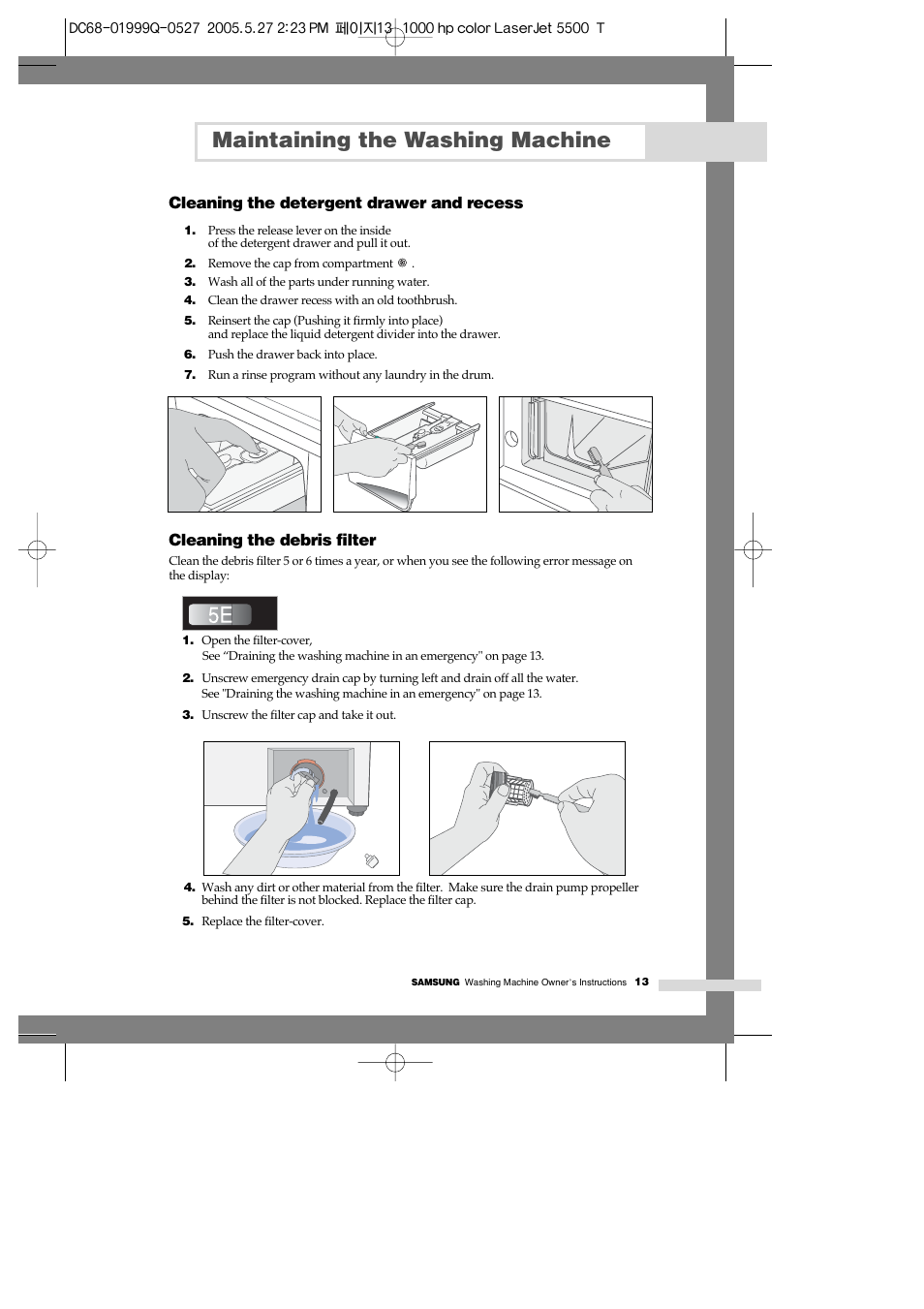 Cleaning the detergent drawer and recess, Maintaining the washing machine, Cleaning the debris filter | Samsung J1460A(V/S) User Manual | Page 15 / 22