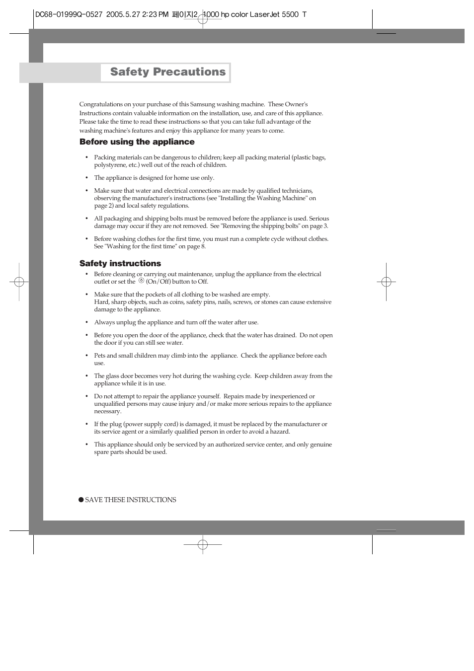 Safety precautions | Samsung J1460A(V/S) User Manual | Page 2 / 22