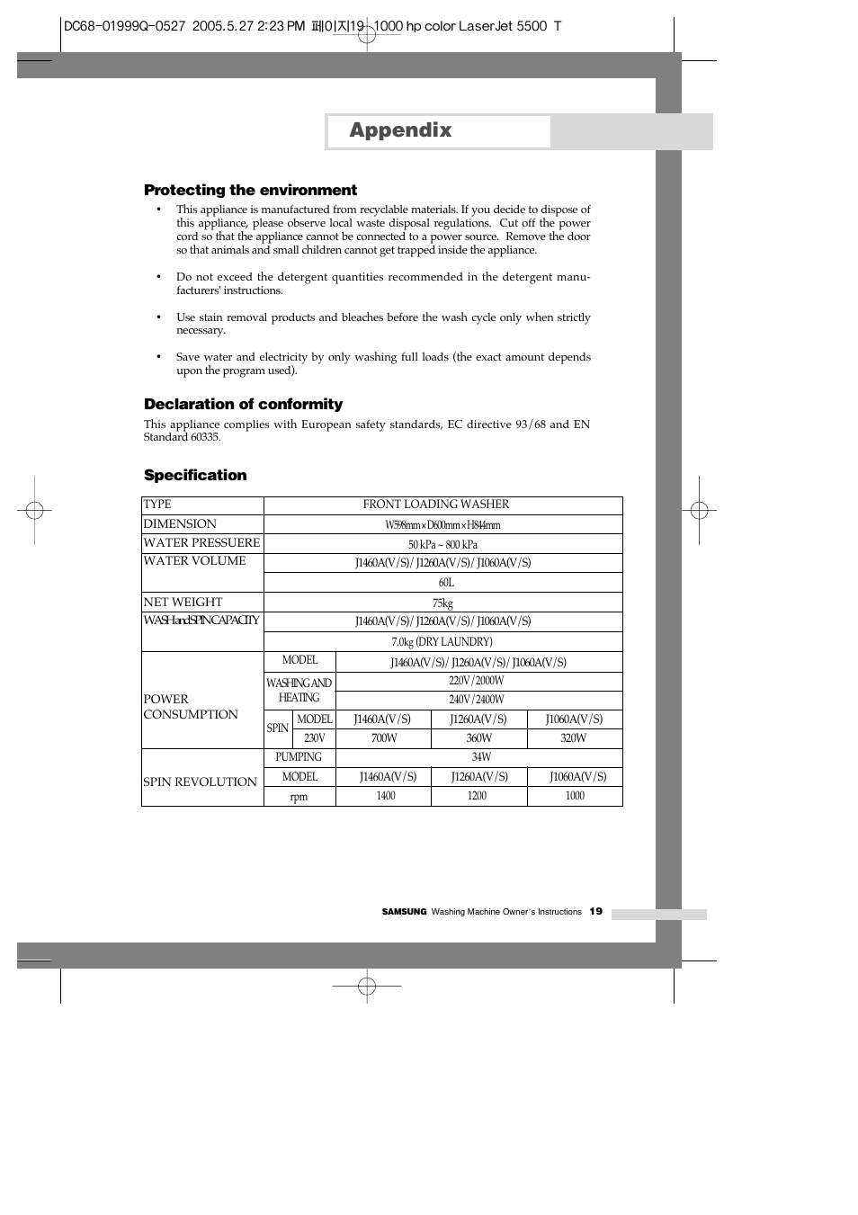 Specification, Appendix | Samsung J1460A(V/S) User Manual | Page 21 / 22