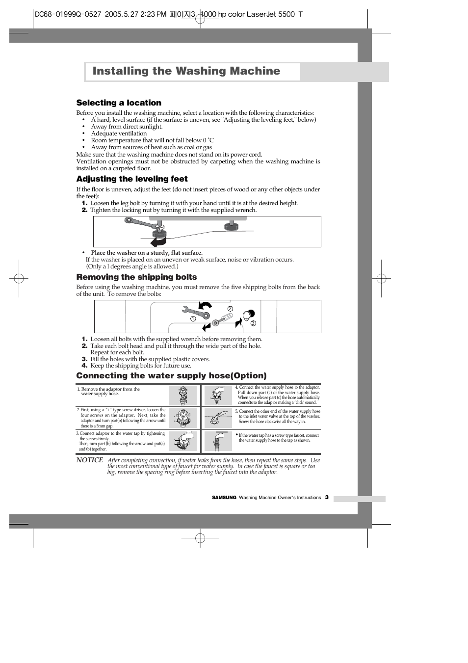Installing the washing machine, Selecting a location, Adjusting the leveling feet | Removing the shipping bolts, Connecting the water supply hose(option) | Samsung J1460A(V/S) User Manual | Page 5 / 22