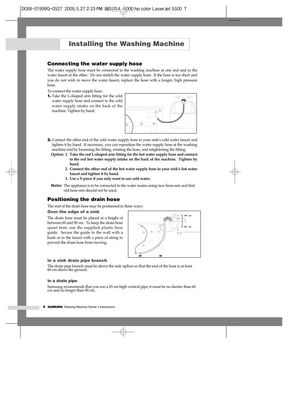Connecting the water supply hose, Installing the washing machine | Samsung J1460A(V/S) User Manual | Page 6 / 22