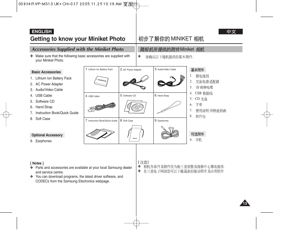 Getting to know your miniket photo, Miniket, Accessories supplied with the miniket photo | Samsung VP - MS12(BL) User Manual | Page 13 / 156