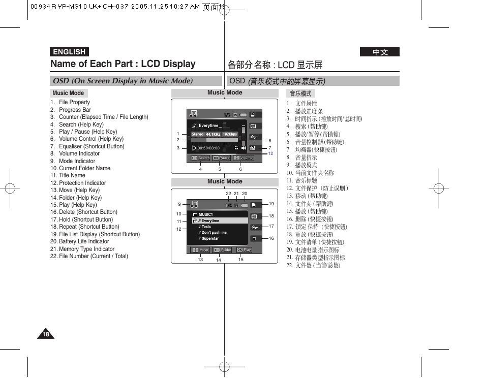 Name of each part : lcd display, Osd (on screen display in music mode), English | Samsung VP - MS12(BL) User Manual | Page 18 / 156